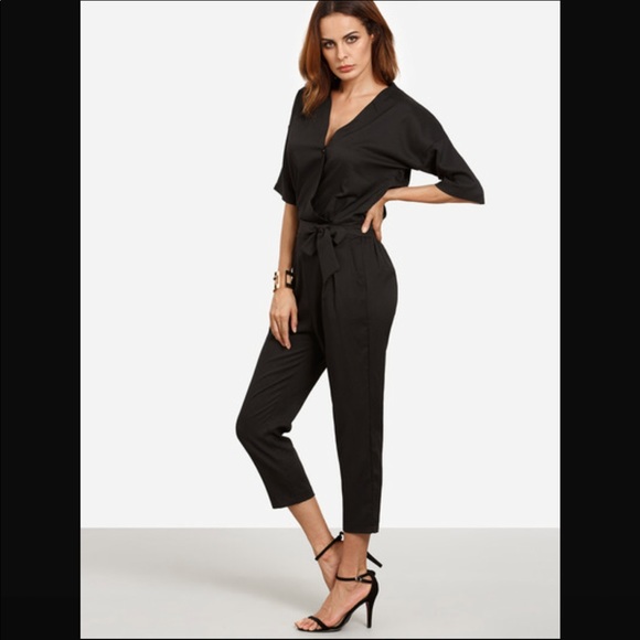 Pants - Drop Shoulder Surplice Front Self Tie Jumpsuit